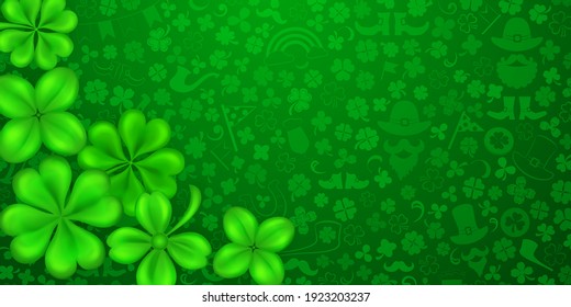 Background on St. Patrick's Day made of realistic clover leaves with shadows and others holiday symbols in green colors