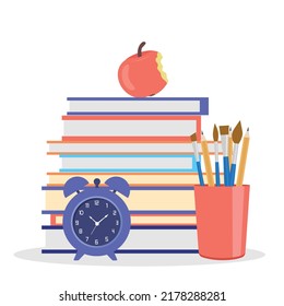 Background on the theme back to school. Alarm clock and stapler and an apple with a stack of books as a concept of a new academic year, student life, distance learning, quality education.