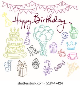 background on the theme of the birthday party: balloons, cake, cupcakes, candy