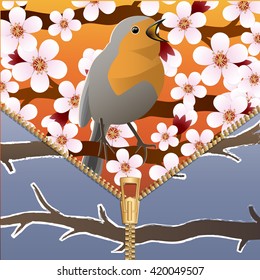 Background on a theme of seasons change. Spring and winter. Bird on a flowering tree branch. Zipper. Vector Image.