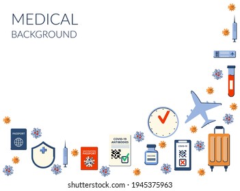Background on the theme of vaccination. New travels after the pandemic, passport, antibodies. Travel permit. Vector illustration