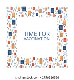Background on the theme of vaccination. New travels after the pandemic, passport, antibodies. Travel permit. Vector illustration