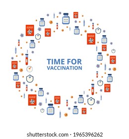 Background on the theme of vaccination. New travels after the pandemic, passport, antibodies. Travel permit. Vector illustration
