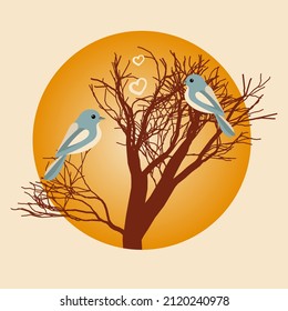 Background on the theme of Valentine's Day, love, wedding. Template for postcards, invitations. The birds are on the tree and it's dawn. Vector.