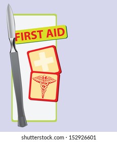 Background on the topic of first aid with a scalpel. Vector illustration.