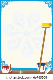 Background on which you can place your text. Buckets of paint, brushes and rollers for painting, a painter working tool.