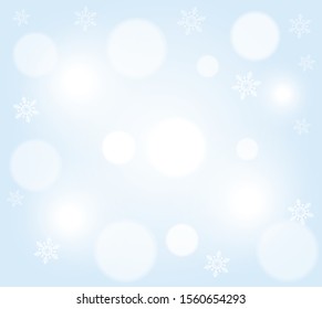 Background on white snowflakes in a blue sky. Christmas time in December. Vector illustration of winter snow.