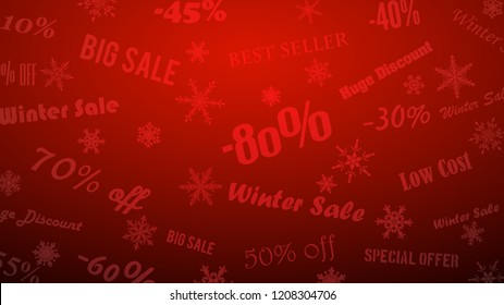 Background on winter discounts and special offers, made of snowflakes and inscriptions, in red colors