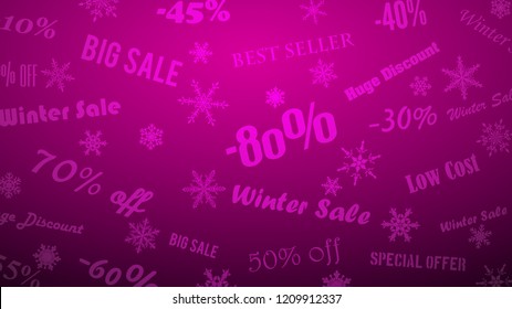 Background on winter discounts and special offers, made of snowflakes and inscriptions, in purple colors