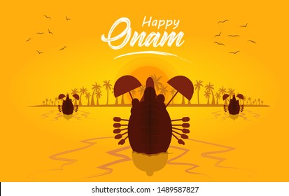 Background Onam festival of South India Kerala. Boat race. On a yellow background, with silhouettes of palm trees and birds. Advertisement banner, header or sticker with place for text. 