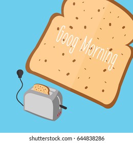 background with one simple toast popping out of metallic toaster. light modern clean Bread vector toaster & one toast flying up. ready to eat. space for text - good morning flat design style