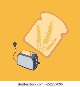 background with one simple toast popping out of metallic toaster with a three clean gold Wheat on a modern clean Bread vector toaster & one toast flying up flat design style 