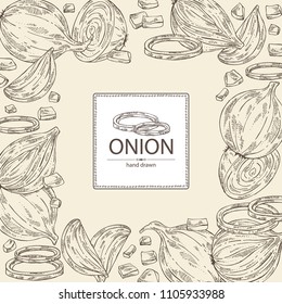 Background with onion: rings, full onion and onion slices. Vector hand drawn illustration.