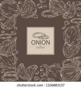 Background with onion: rings, full onion and onion slices. Vector hand drawn illustration.