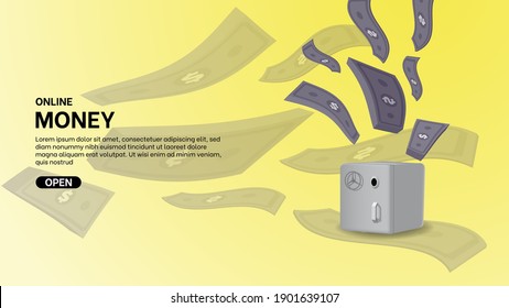 Background online money design. Realistic money safe. Minimal decorative festive object. banner, web poster, flyer, stylish brochure, greeting card, cover. 3D vector