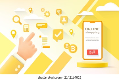 Concepto de compras en línea de fondo. Teléfono inteligente móvil con aplicación de compras. Ilustraciones vectoriales web 3D.