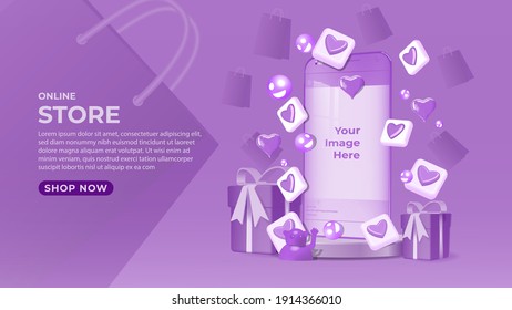 Background online store design. Realistic social media on smartphone, purple gifts boxes, shopping bag, icon smile, love baloon, and love icon. 
Banner, web poster, flyer, stylish brochure, 3D, vector