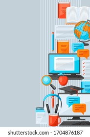 Background with online studying at home items. Distance education. Modern technologies using computer and internet.