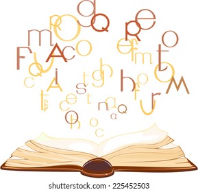 Background with open book and flying letters