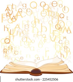 Background with open book and flying letters