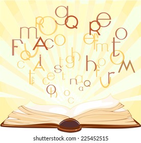 Background with open book and flying letters