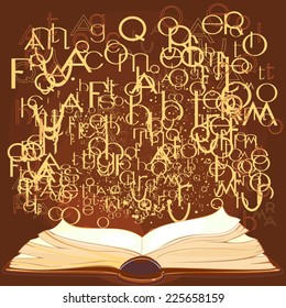 Background with open book and flying letters