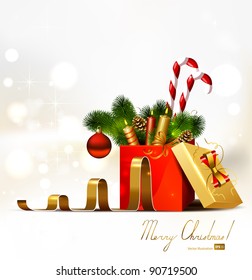 background with open Christmas gift  and branches of fir-tree, candles, candies in it