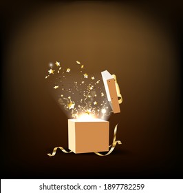 Background with open golden box with stars and confetti. Vector.