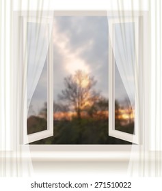 Background with an open window and an evening background. Vector.