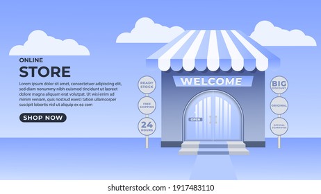 Antecedentes para abrir una tienda online con un diseño de tienda divertida envuelto en azul. Adecuado para cultivar su negocio, mostrar su producto y presentarle tienda. ilustración plana vectorial