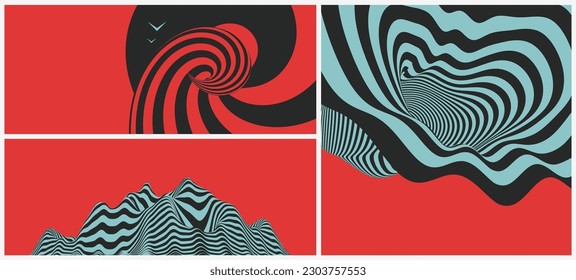 Background with optical illusion. Psychedelic stripes. Landscape background. Terrain. Tunnel. 3d vector illustration for brochure, magazine, poster, presentation, flyer or banner.