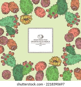 Background with opuntia ficus-indica: indian prickly pear plant, fruits and indian prickly pear flowers. Opuntia ficus-indica. Cosmetic, perfumery and medical plant. Vector hand