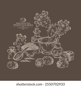 Hintergrund mit opuntia ficus-indica: indische Stachelbirne, Früchte und indische Stachelbirnenblumen. Opuntia ficus-indica. Öl, Seife und Badesalz . Kosmetik und Medizin. Vektorgrafik