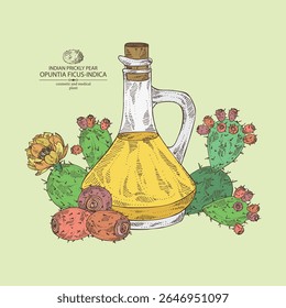 Fundo com opuntia ficus-indica: planta de pera espinhosa indiana, frutas, flores de pera espinhosa indiana e garrafa de óleo de opuntia. Opuntia ficus-indica. Ilustração desenhada à mão vetorial.