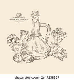 Fundo com opuntia ficus-indica: planta de pera espinhosa indiana, frutas, flores de pera espinhosa indiana e garrafa de óleo de opuntia. Opuntia ficus-indica. Ilustração desenhada à mão vetorial.