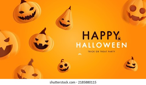 The background is orange with 3D pumpkins in the air. Happy Halloween. Vector illustration