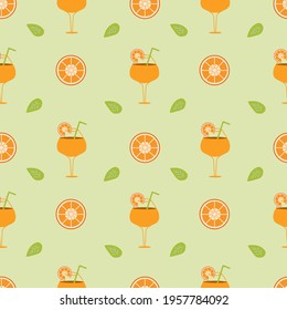 Background with orange cocktail and orange slices with leaf on a green backdrop. Seamless vector illustration. Wallpaper. Screen saver.