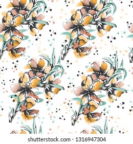 
Background of orange contour flowers on a white background. Floral ornament drawn in ink, watercolor. 