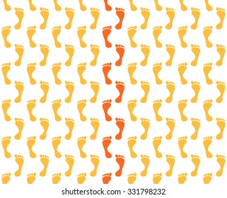 Background with orange footprints that walked forward with red footprints in the middle on a white background
