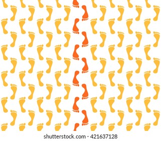 Background from orange footprints walking up and one pair of red footprints compared to walking down on a white background