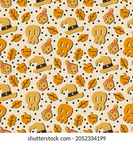 The background is orange for Halloween. Vector illustration elements are witch hats, acorn, leaves, elixir. Beautiful autumn wrapping paper doodle. October carnival background. Vector illustration