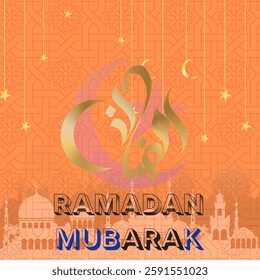 The background orange with an intricate Islamic geometric pattern.The text "RAMADAN MUBARAK" in bold black and blue gradient fonts.  A mosque silhouette in a light shade. Eps file.