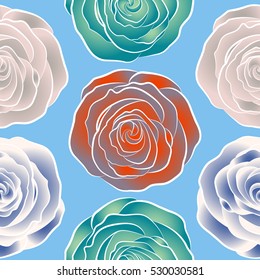 Background of a orange, neutral and blue painted roses. Vector floral seamless pattern.