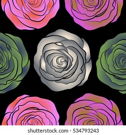 Background of a orange, pink and violet painted roses. Vector floral seamless pattern.