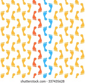 The background to the orange prints of human legs alternately against each other in a row with blue and red footprints of walking opposite each other in the middle on a white background