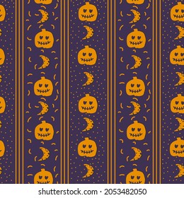 The background is orange with a pumpkin. A pattern with a carved pumpkin with a scary face for Halloween. Backing for wrapping paper or textiles. Vector illustration