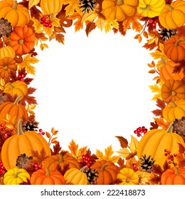 Background with orange pumpkins and autumn leaves. Vector illustration.