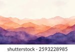 Background orange and purple watercolor texture on paper. A simple silhouette of jagged mountains	
