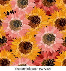 Background with orange and red sunflowers