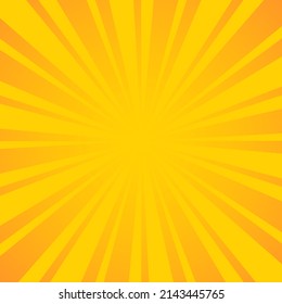 Background of orange sun rays. Bright flash of yellow light. Radial warm pattern with gradient. Vector illustration of abstract wallpaper for flyer, screensaver.
